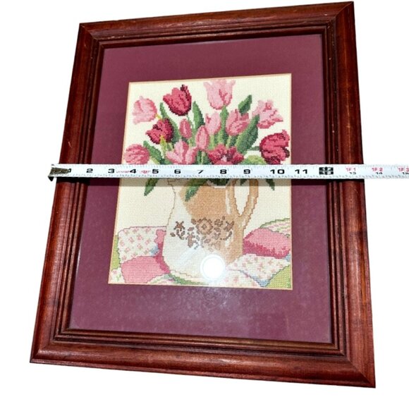 Framed Finished Pink Tulips Floral Cross Stitch Picture w Glass 13.5" x 16.5" - Picture 7 of 12